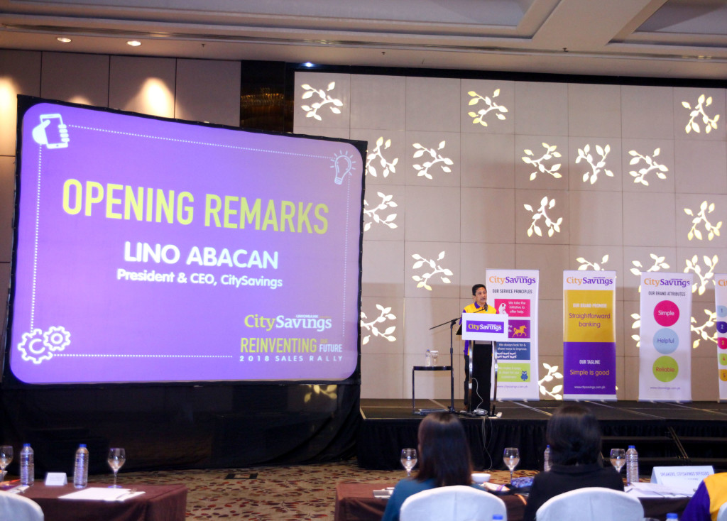 REINVENTING OUR FUTURE: CitySavings President and CEO Catalino Abacan officially welcomes the attendees with optimism as he highlights the performance of the bank last year and its strategic direction for 2018.