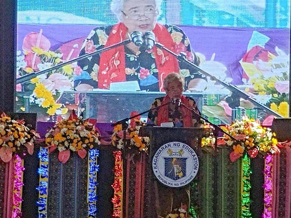 BRIGADA ESKWELA NATIONAL KICK-OFF: DepEd Secretary Leonor Briones during her keynote message of the Brigada Eskwela National Kick-off last May 29 at New Society National High School, General Santos City.