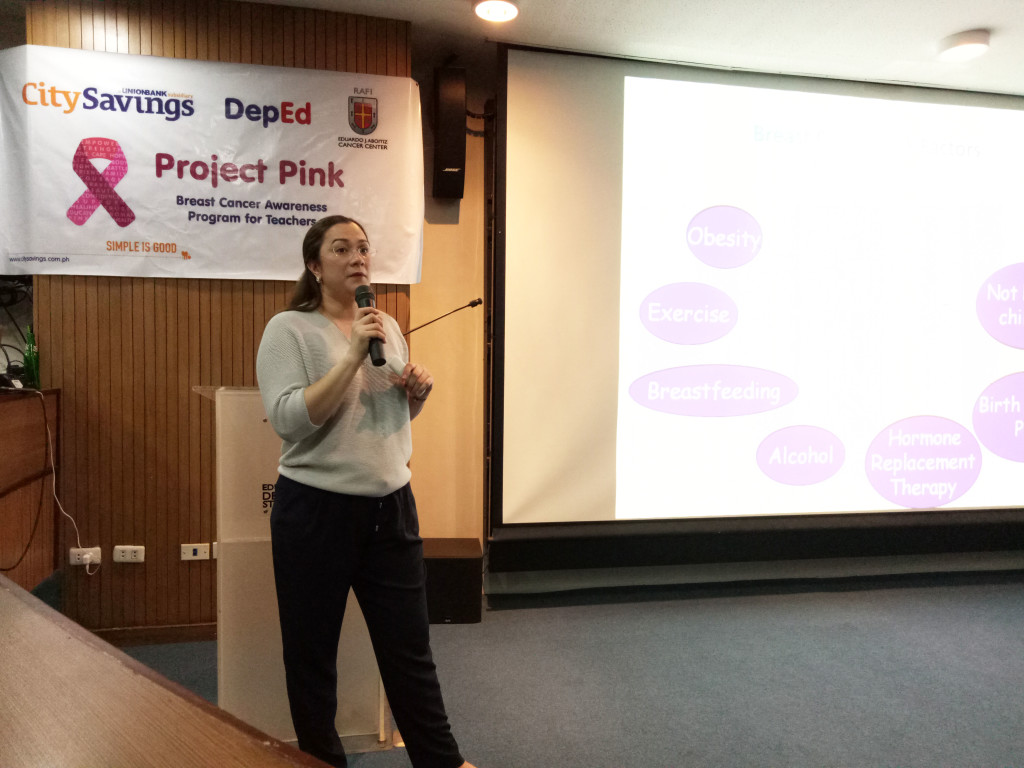 BREAST CANCER AWARENESS ADVOCATE: Dr. Frances Marion de la Serna, guest speaker and a breast surgeon expert discusses the different Breast Cancer Risk Factors during the Project Pink forum last March 23 at EADSC, Cebu City.
