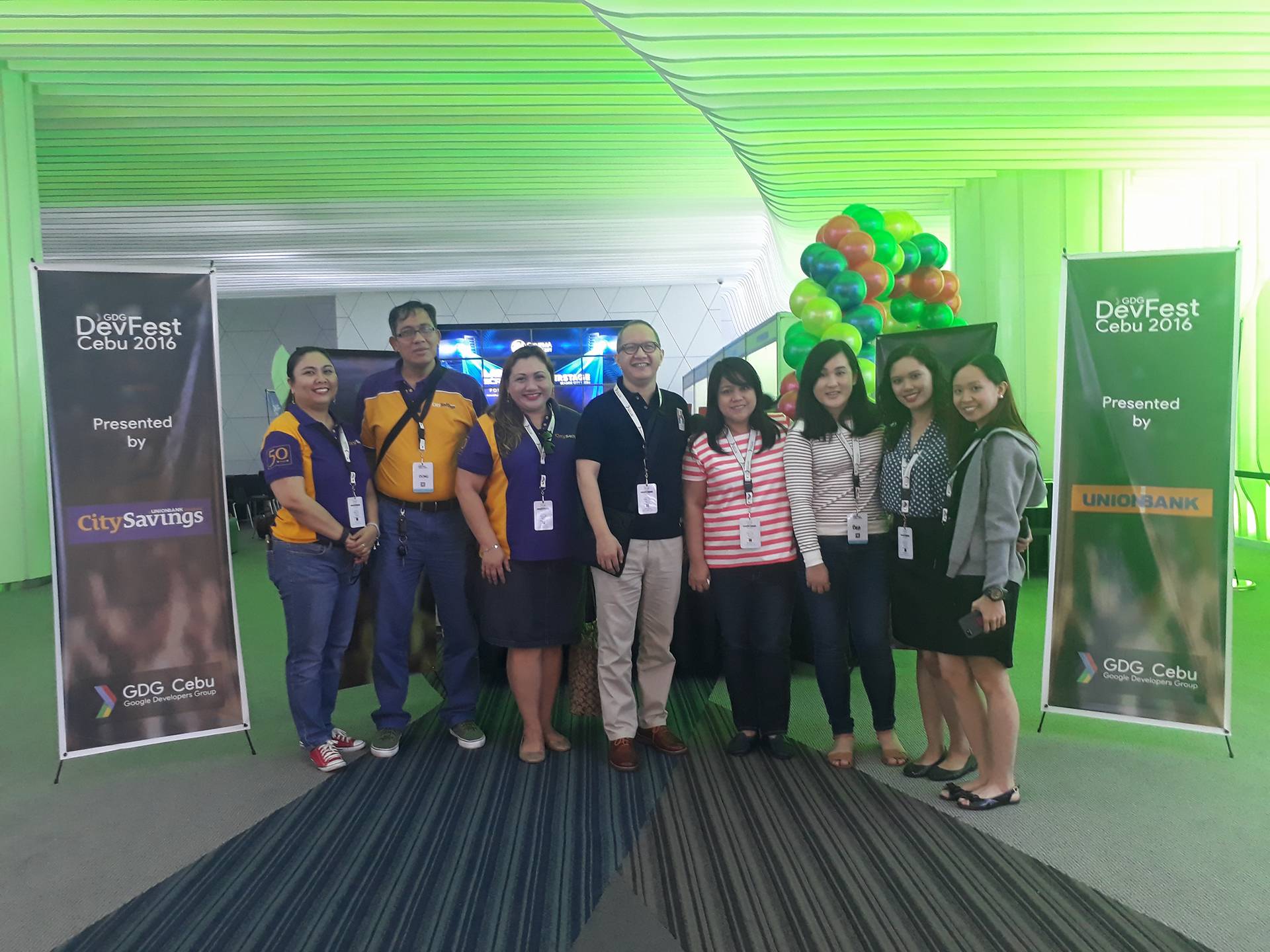 The CitySavings team at the Google DevFest led by Chairman of the Board Eugene Acevedo (center) with (from left) VP – Human Resources and Quality Maila Quijano, AVP – Technology Management Head Ronaldo Tiamzon, and Reputation Management Head Paula Ruelan.