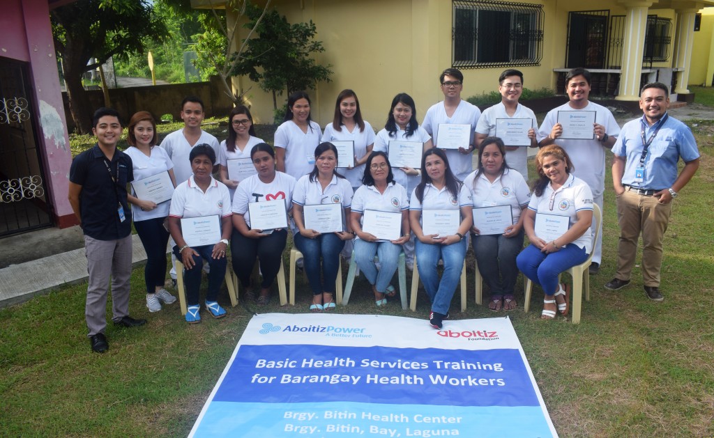 SAFE AND HEALTHY COMMUNITIES. Barangay Health Workers complete the two-day training organized by AP Renewables, Inc. (APRI) MakBan together with the Rural Health Unit of Bay Municipality in Laguna.