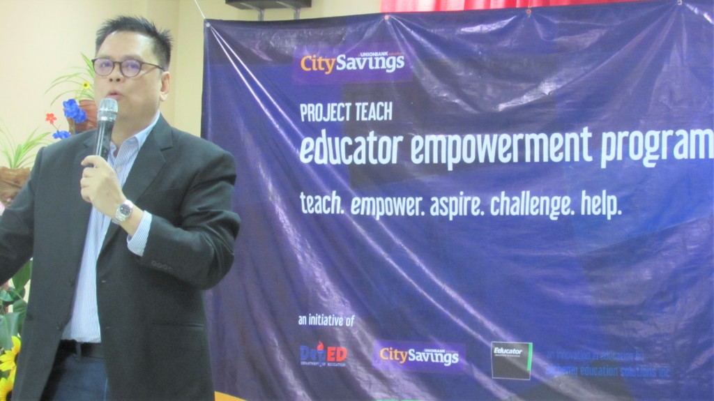 EDUCATOR EMPOWERMENT PROGRAM: CitySavings Director Carlos Valarao gives an overview of Project TEACH, explaining how beneficiary schools can benefit from year-round training of all their teachers on Educator lessons that impact on teaching and learning. 