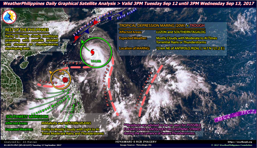 Recent surface analysis around the region with two (2) distinct Tropical Cyclones inducing the Southwest Monsoon (Habagat). 