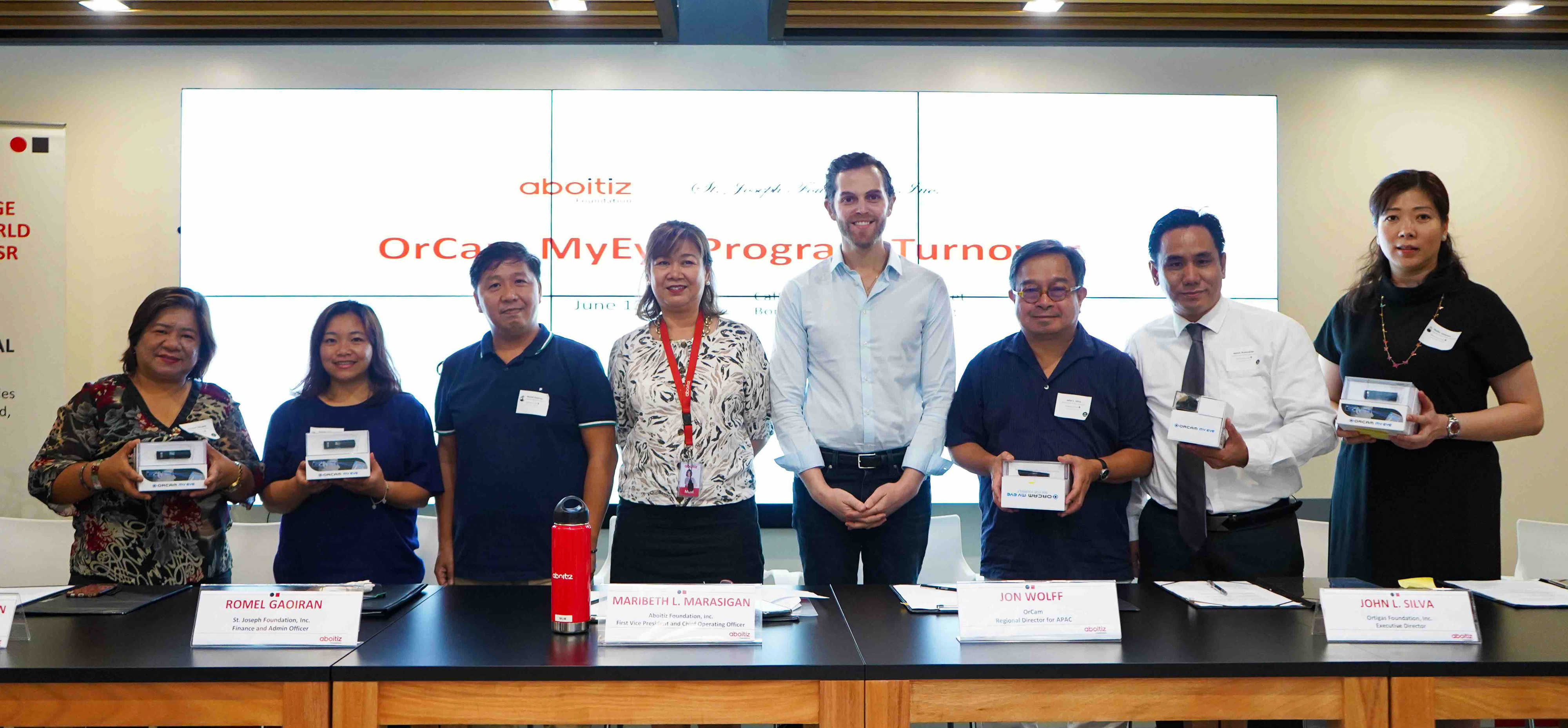 (From left) Corazon Salvador, Philippine National School for the Blind Principal; Emma Dacquigan, Luke Foundation Executive Director; Romel Gaoiran, St. Joseph Foundation Finance and Admin Officer; Maribeth Marasigan, Aboitiz Foundation First Vice President & Chief Operating Officer; Jon Wolff, OrCam Regional Director for Asia Pacific and China; John Silva, Ortigas Foundation Executive Director; Remir Romualdo, Adaptive Technology for Rehabilitation, Integration, and Empowerment of the Visually Impaired Board Member, and Dr. Sheila Santos-Jimenez, Low Vision Group of the Philippines officer.