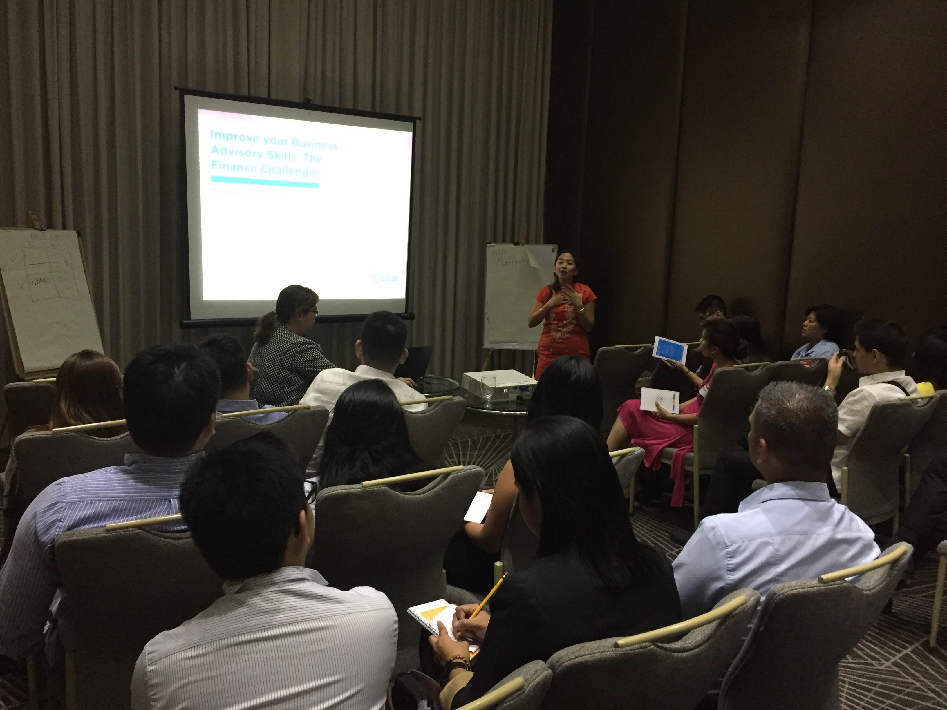 Finance Mentoring Cluster members look on as AboitizPower CFO and guest speaker Liza Montelibano presents the Finance Challenger Framework at the kick-off session held at the F1 Hotel on April 25."