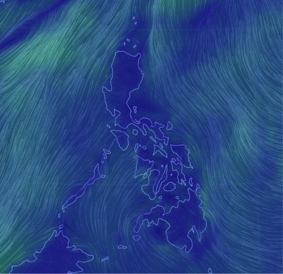 FIGURE 3. Graphical representation of the southwesterly winds over the West Philippine and South China Seas, as shown on the current GFS Model. Source: earth.nullschool.net