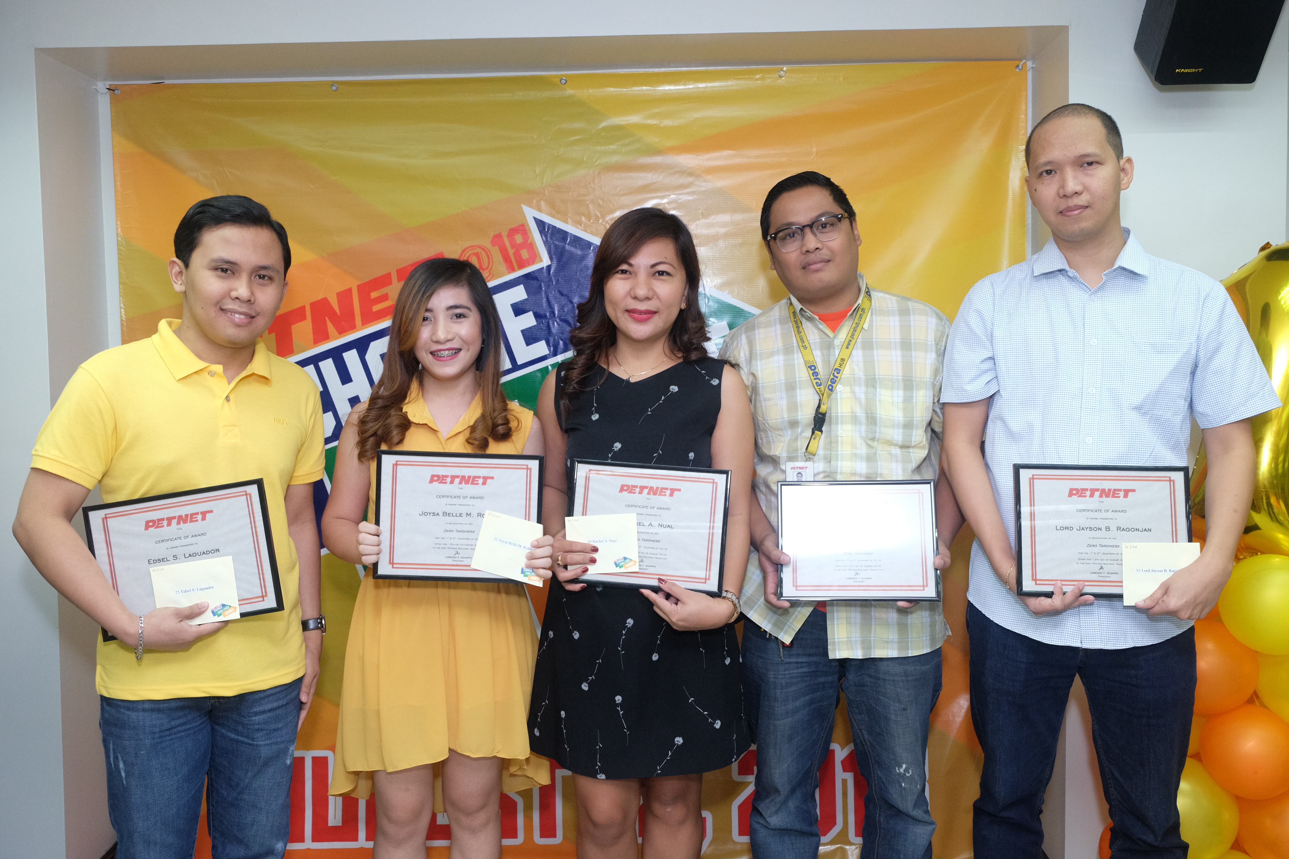 AWARDEES FOR ZERO TARDINESS. (L-R): Edsel Laguador, Joysa Belle Roldan, Ritchel Nual, Reynaldo Macayan Jr., Lord Jayson Ragonjon.