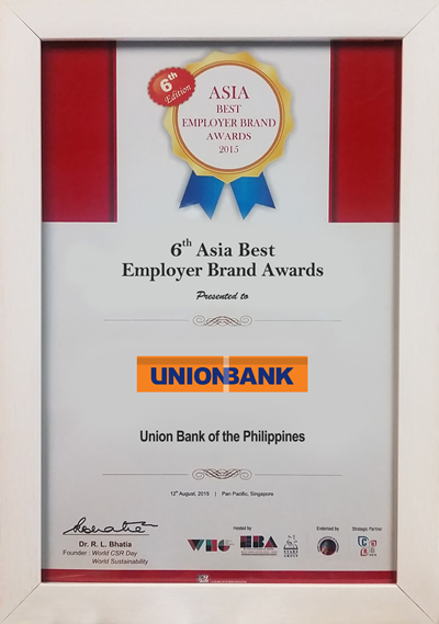 UnionBank is one of the only seven Filipino organizations recognized at the 6th Asia Best Employer Awards ceremony held at Marina Bay Sands, Singapore. The Bank was recognized for their excellence in employee hiring, training and retention practices, and continuous innovation in building human capital. The criteria included exemplary learning and development initiatives, distinctiveness in employee hiring, training, and retention practices, and continuous innovation in the Human Resource department. To date, UnionBank is the only local bank ever honored in the history of the awards.  