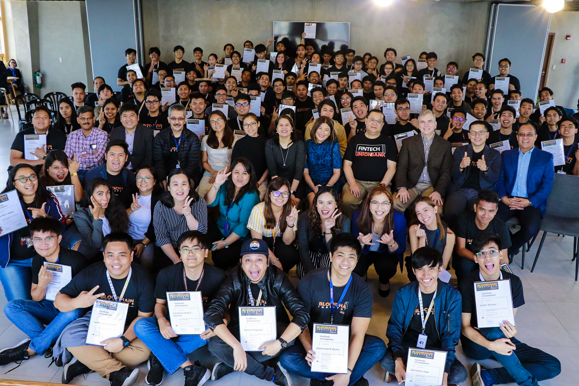 THE FIRST 100. Blockchain Institute's Batch 1 graduates with UnionBank President & CEO Edwin Bautista and UnionBank HR Director Michelle Rubio