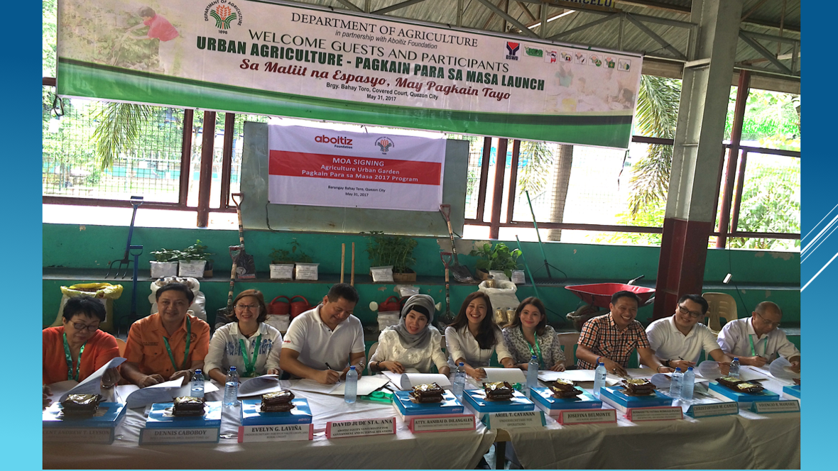 With the Aboiiz Foundation's humble contribution to the Department's program, we also hope to help address the livelihood and nutrition problems of the less fortunate homeless residents in urban areas in the cities of Quezon, Davao, Cotabato, and Taguig. With the help of the Office of Special Concerns headed by USEC Bai Dilangalen and the Central Luzon State University, Aboitiz is privileged to be a part of this worthwhile URBAN AGRICULTURE program.