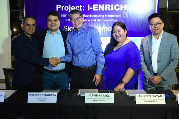 The Ceremonial Handshake and Signing Ceremony of Aboitiz Land, Cloud4C, and SAP Philippines was held last December 7, 2022 at the Sala Bistro in Makati City. [L-R] Rudy Abrahams, SAP Philippines Managing Director, Deb Deep Sengupta, Cloud4C Global President, David Rafael, Aboitiz Land, Inc. President and CEO, Annette Tayao, Aboitiz Land, Inc. Vice President, Corporate Services, and Edler Panlilio, Cloud4C Philippines CEO