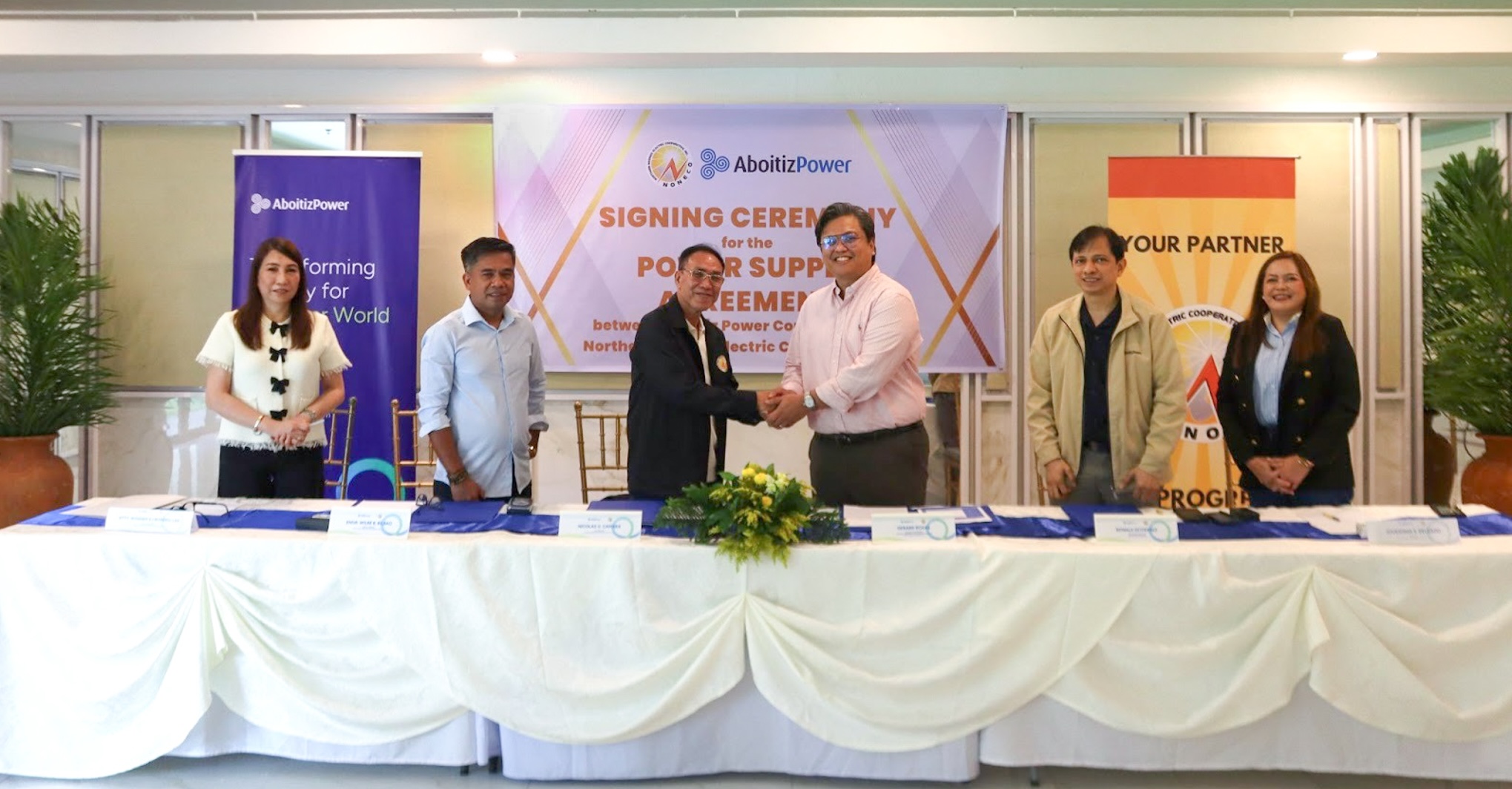 AboitizPower, NONECO PSA signing. (L-R) NONECO, led by General Manager Engr. Wilbe B. Bilbao (2nd) and Board President Nicolas U. Camara (3rd), formalizes a 30-MW power supply agreement with AboitizPower, represented by Wholesale VP - Commercial Planning and Portfolio Management Gerard Roxas (4th), as witnessed by NEA Project Supervisor Atty. Rossan SJ Rosero-Lee (1st).